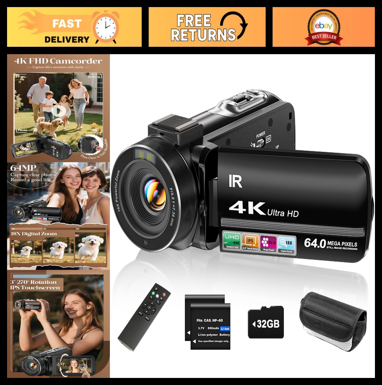 4K UHD Video Camera Camcorder 64MP for YouTube Vlogging, 18x Zoom, Night Vision,