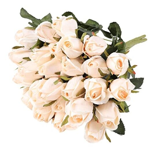  3 Bunches Artificial Flowers Silk Roses Buds Realistic Bouquet Champagne