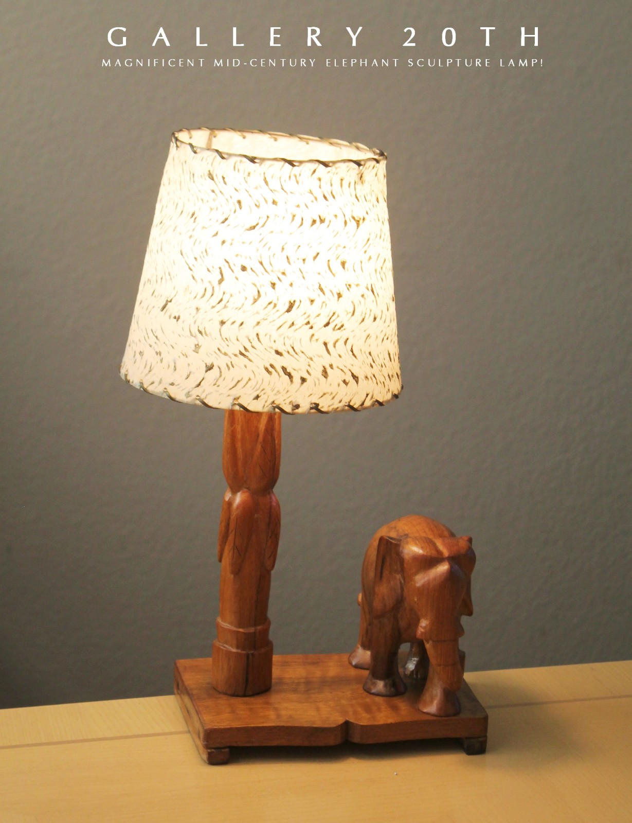COZY! MID CENTURY MODERN ELEPHANT LAMP! VTG 50S FIBERGLASS SHADE TIKI JUNGLE MCM