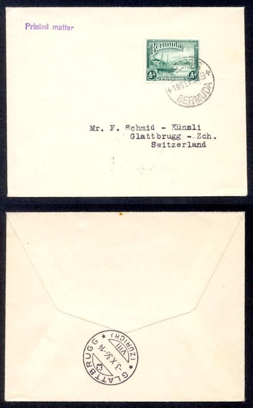 BERMUDA 1936 ½d PRINTED MATTER TO SWITZ w/bs