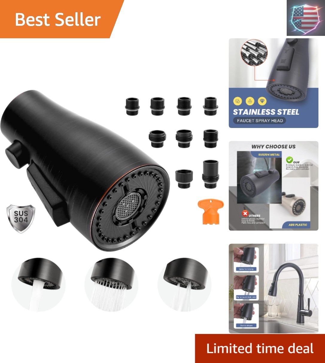 Metal Kitchen Faucet Head Replacement: 3-Function Pull Down Spray Nozzle with...