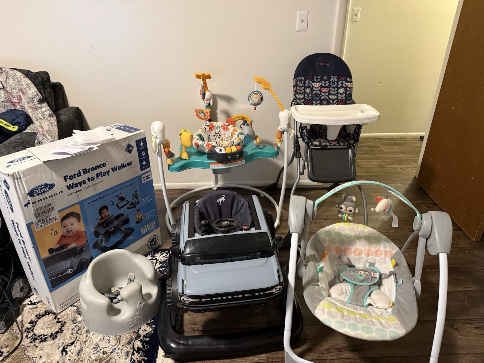 Bright Starts Ford Bronco Walker, Bumbo Seat, Cosco High Chair, Portable Bundle