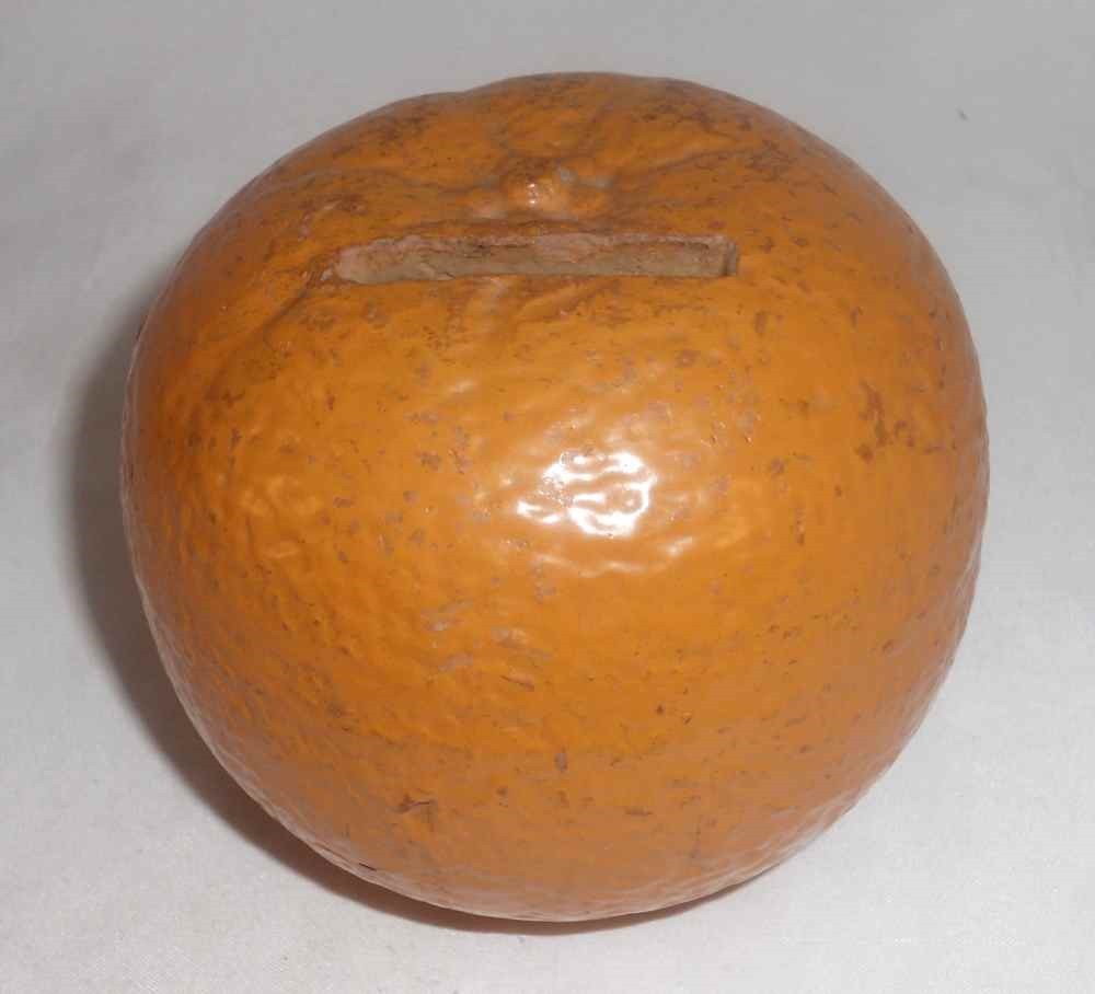 Antique Painted Redware Orange Form Still Coin Bank Large Horizontal Coin Slot
