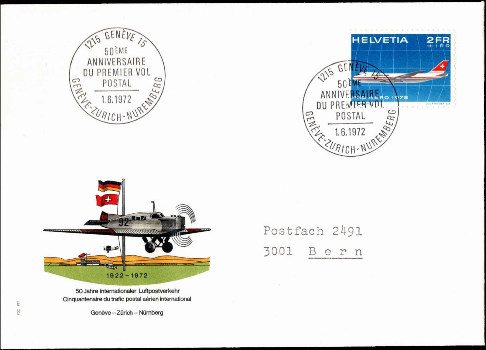 1972 Switzerland First Airmail 50th Anniversary Geneva Zurich Nuremberg