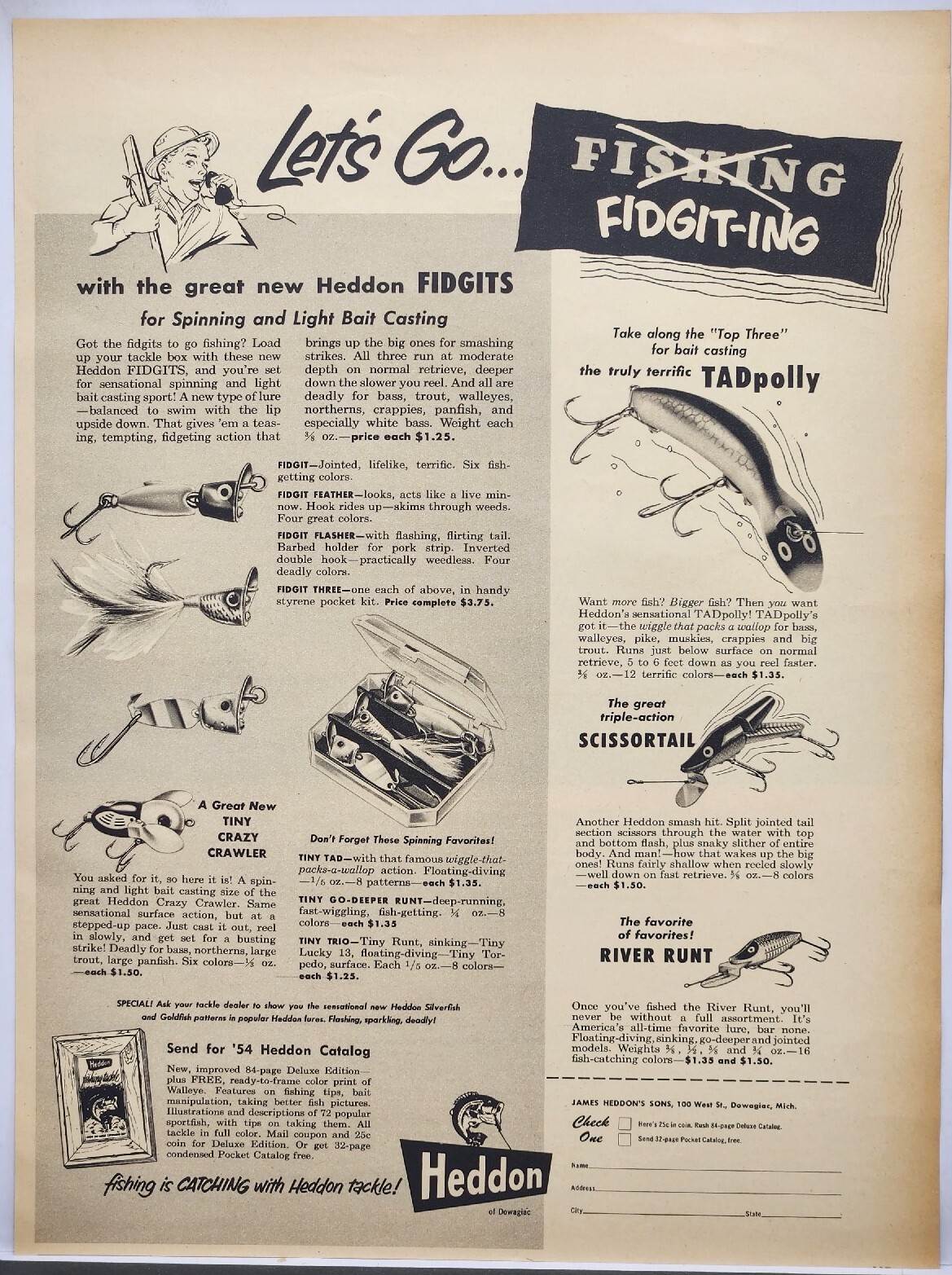 1954 Heddon Tackle Fidgits Fishing MCM Original Print Ad Dewagiac MI 50s