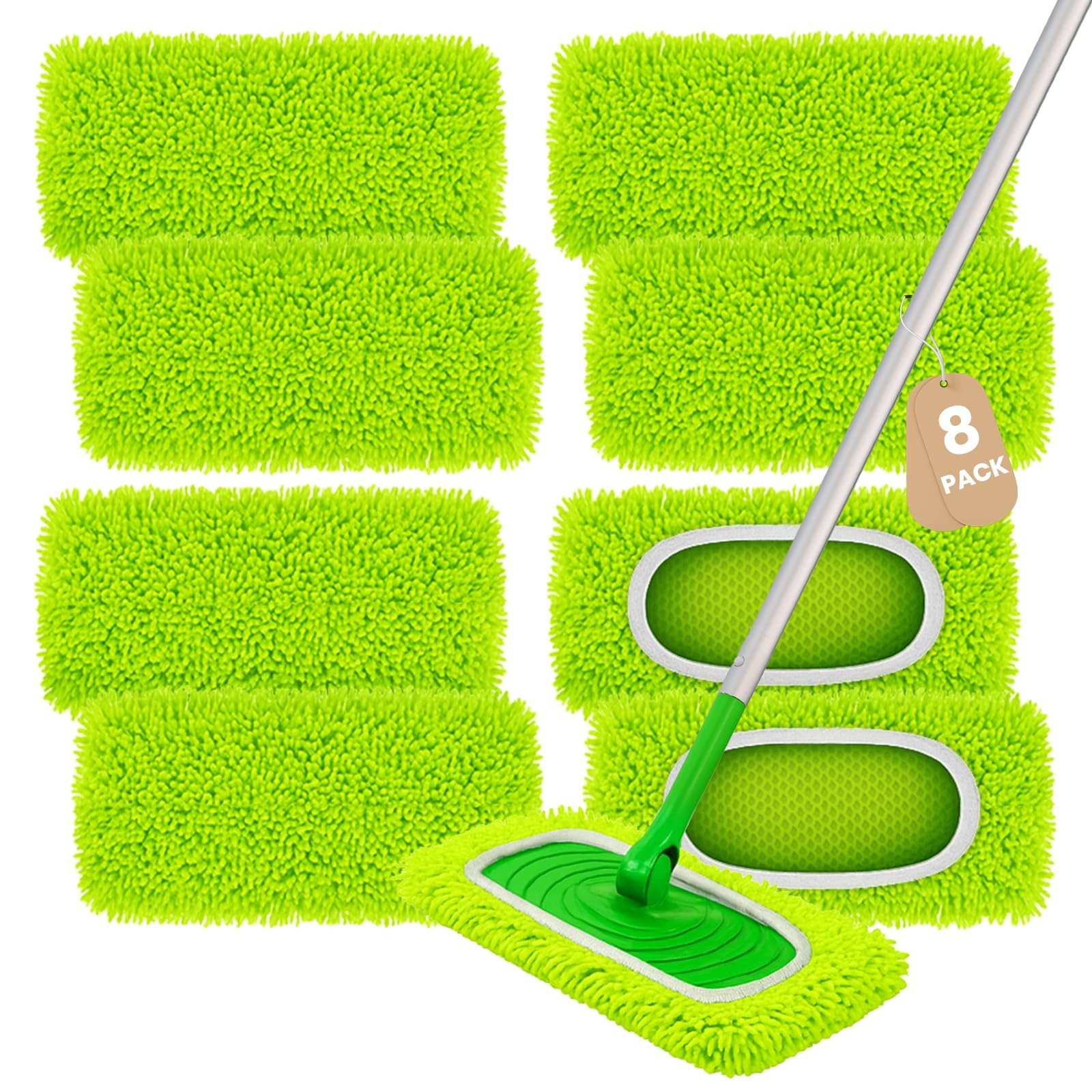 8 Pack Chenille Mop Refill Pads, Reusable Microfiber Pads for M, Green 