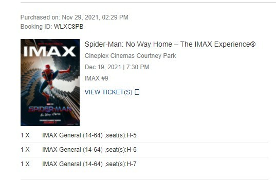 3 Spider-Man No Way Home Imax Tickets at Courtney Park Cineplex 