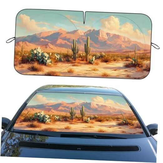 Car Windshield Sunshade, Folding, UV Rays Sun Visor 59"L x 31.5"W Cactus