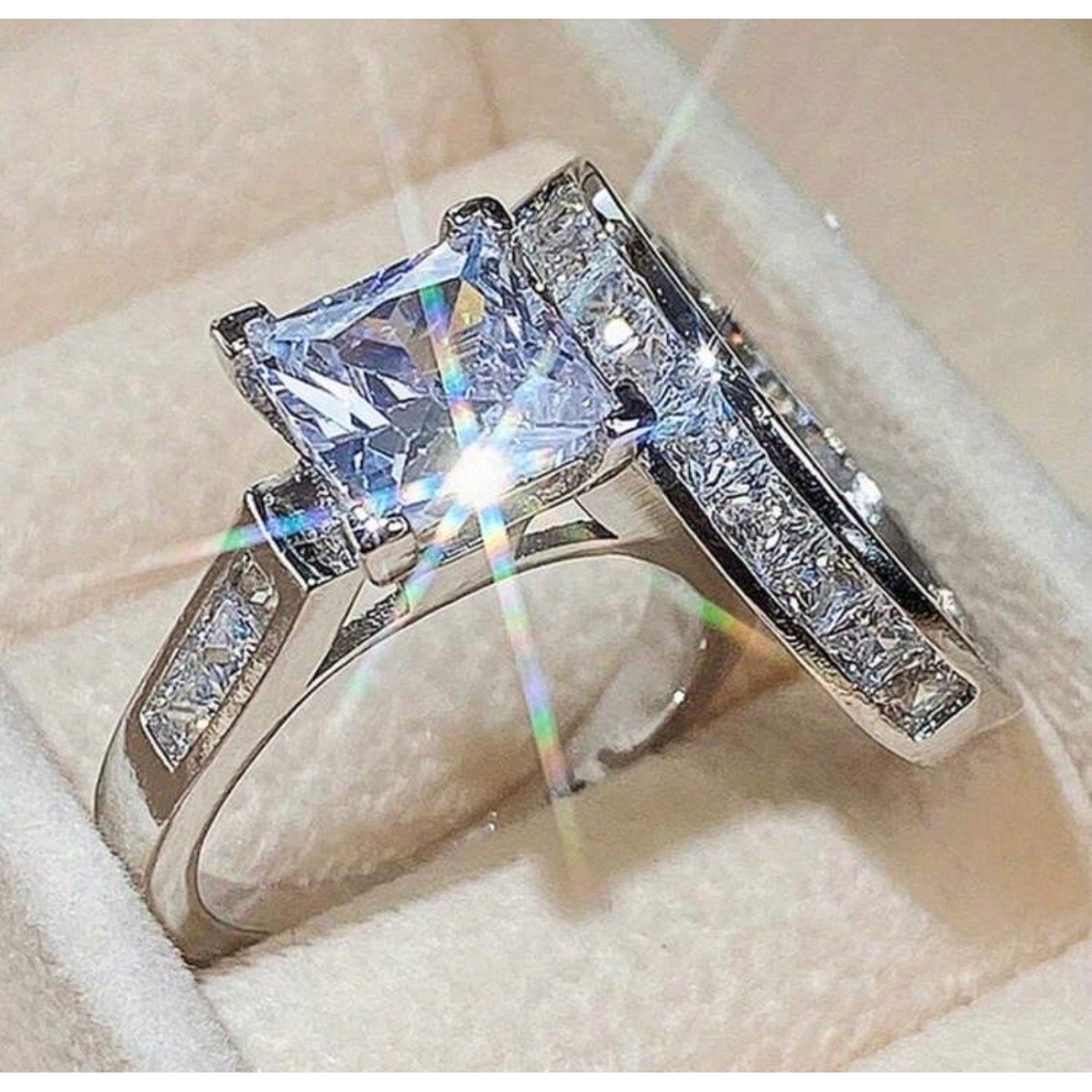 Princess Cut Bridal Ring Set Silver Tone Engagement Wedding Band Set