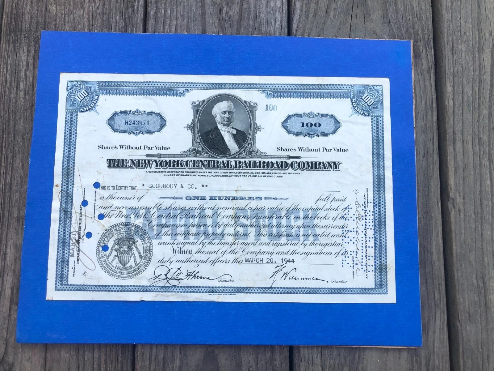 The New York Central Railroad Company 100 Shares 3-20-1944 - During WWII Era