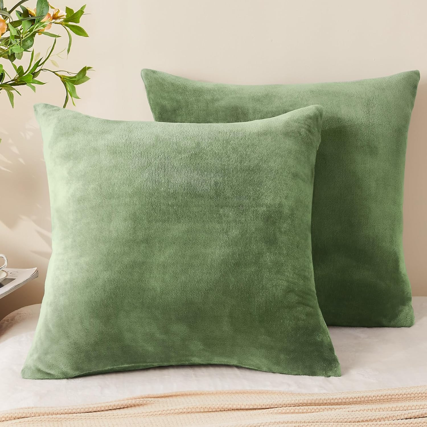 2 Pack Velvet Pillow Covers 26x26 Super Soft Zipper Square Pillowcases Sage Gree