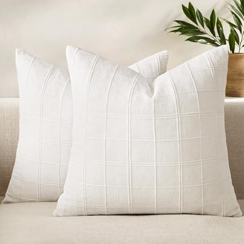  Linen Check Throw Pillow Covers Set of 2 - 22" x 22" (Pack of 2) Cream White