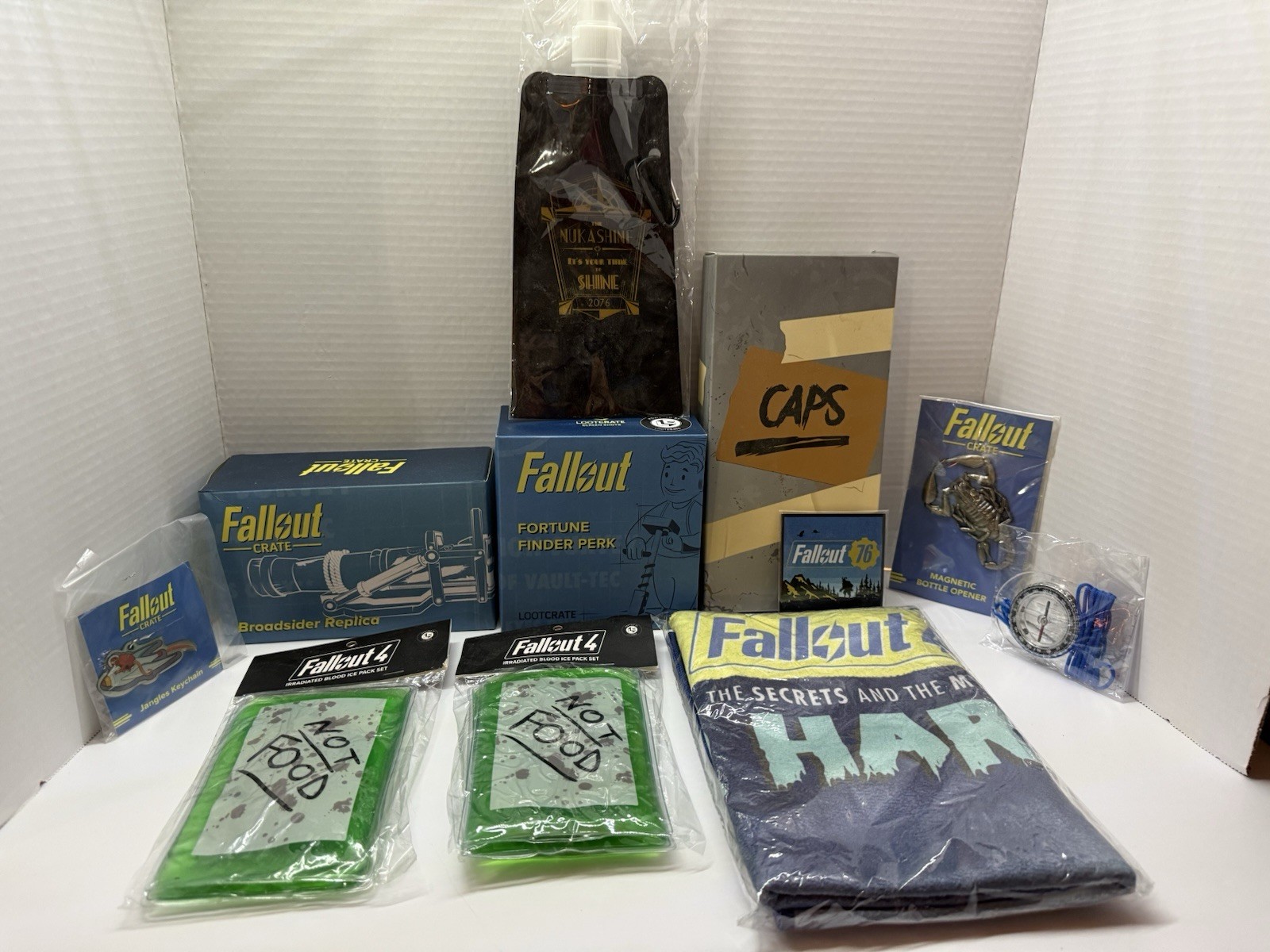 Fallout Loot Crate Lot Keychain Replica Bottle Opener Towel Caps Box etc….