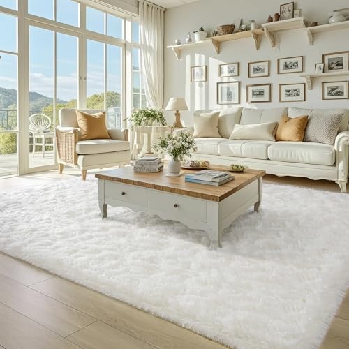  Fluffy Rugs for Living Room 5x8 Cream White, Washable Large Area Rugs for 