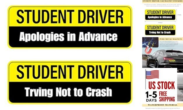 2 PCS Student Driver Magnet for Car, 10"x3.5" Reflective New Driver Sign 