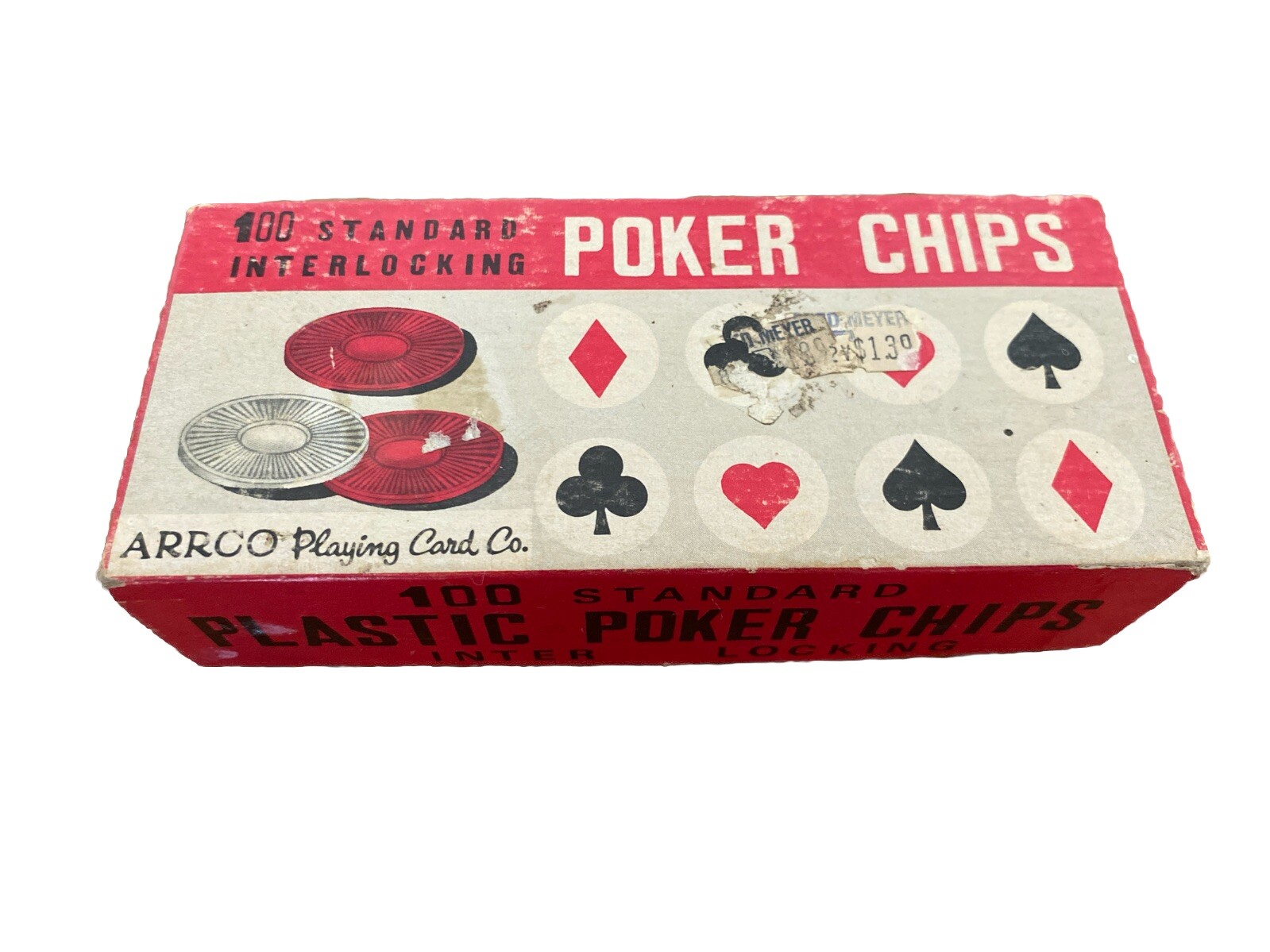 Vintage Arrco Playing Card Co. Poker Chips 100 Count Red White Blue Interlocking
