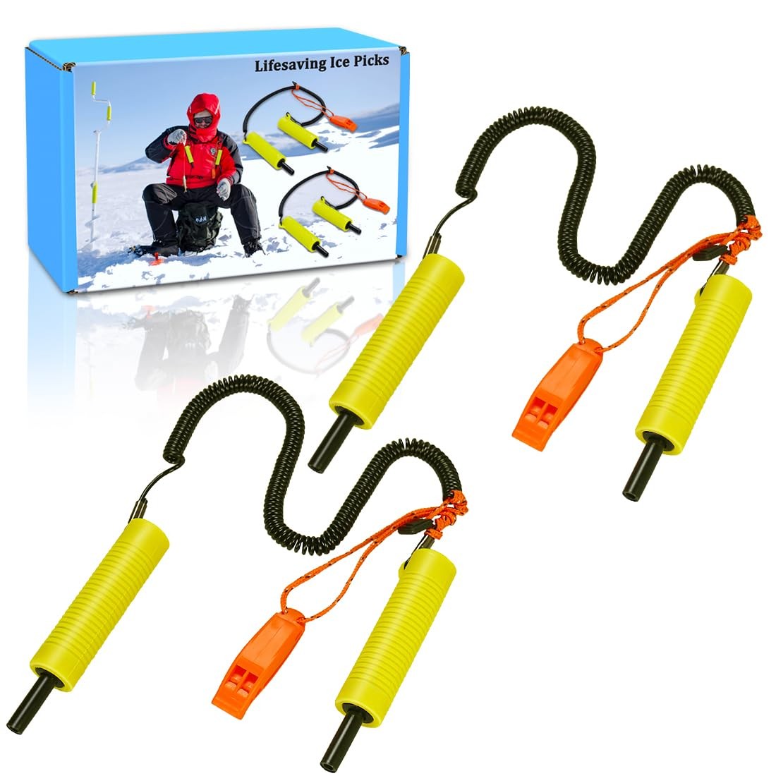 Huntury Ret retractable Ice Safety Picks 2-Pack w/ Extra Long Lanyard & Whistle