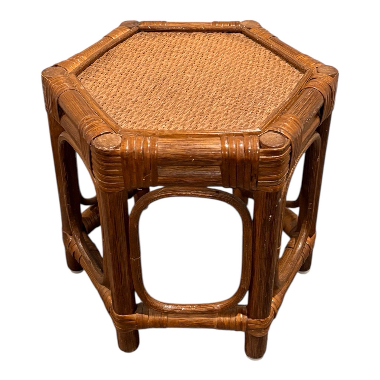 Vintage Mid-Century Wood And Rattan Plant Stand Side Table