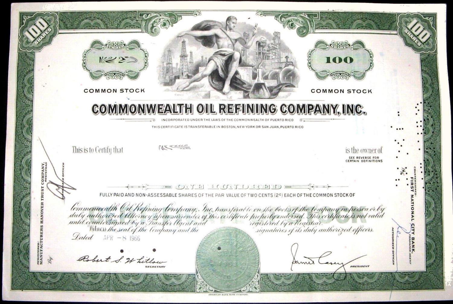 50 x Commonwealth Oil Refining Company, Inc. 1960s 100 Shares
