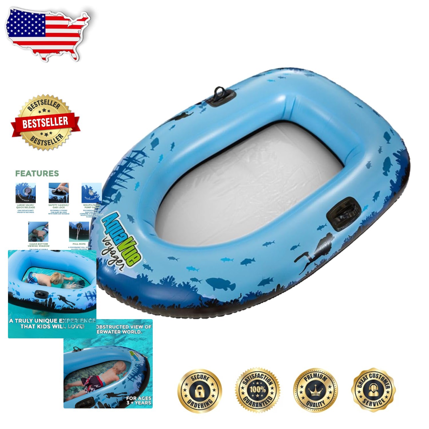 Spacious Aquavue Voyager Raft - Crystal Clear Bottom for Underwater Views