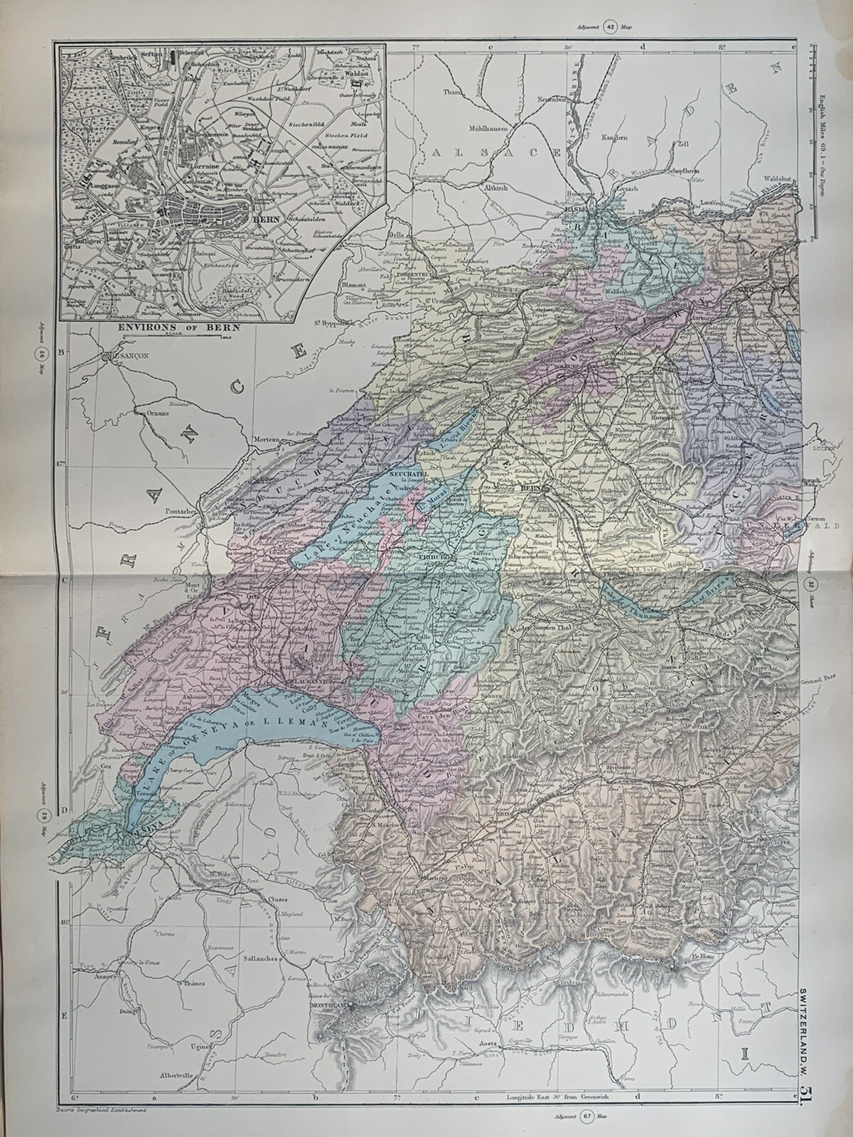 1891 Western Switzerland Hand Coloured Original Antique Map by G.W. Bacon