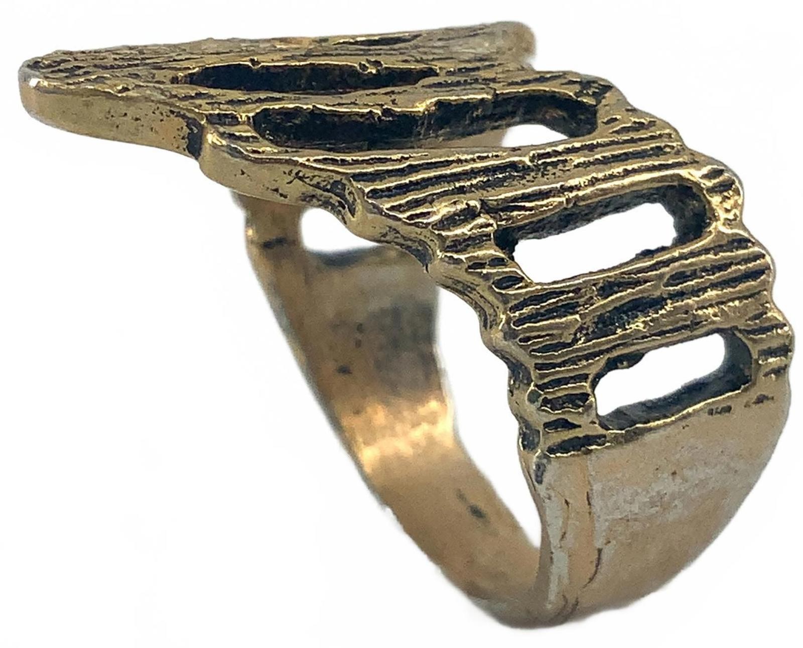 Vintage Brutalist Bronzetone Modernist Abstract Cutout Ring Goldtone Size 7