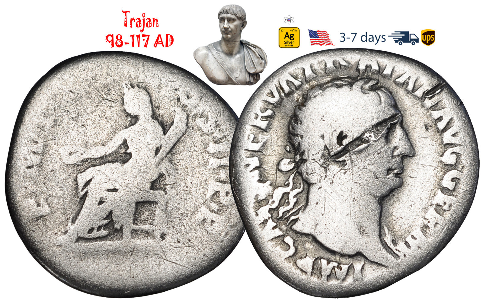 Ancient Roman Empire Coin Silver Denarius Trajan 98 - 117 AD Authentic #32431