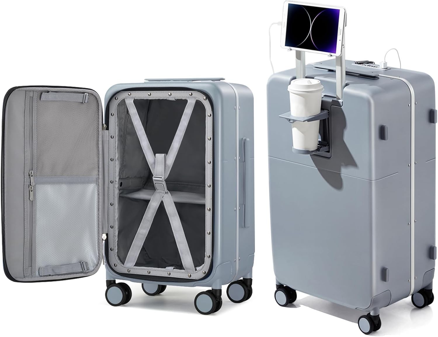 Hanke 24" Luggage Cup Holder Charge Top Opening Hard Shell Suitcases Wheels GRAY