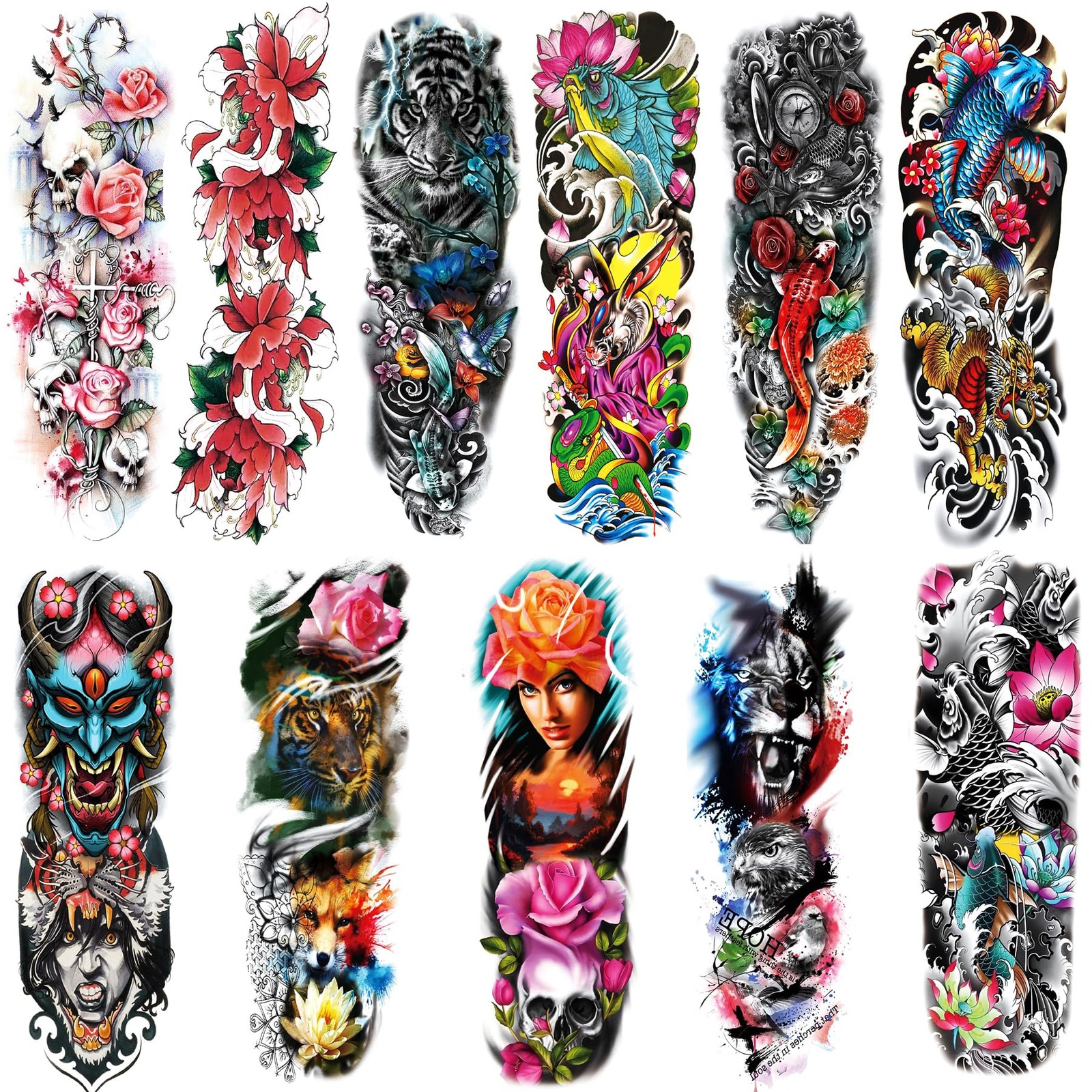 Colorful Sleeve Tattoos Stickers, Full Arm Temporary Tattoos Sleeves, Fake Wa...