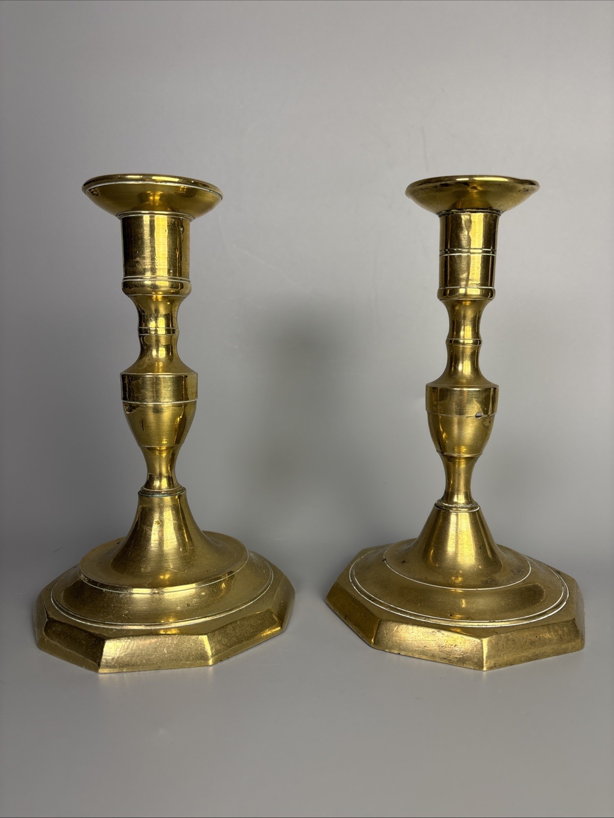 Pair Of Early 19th Century 10-Sided Brass Candlesticks