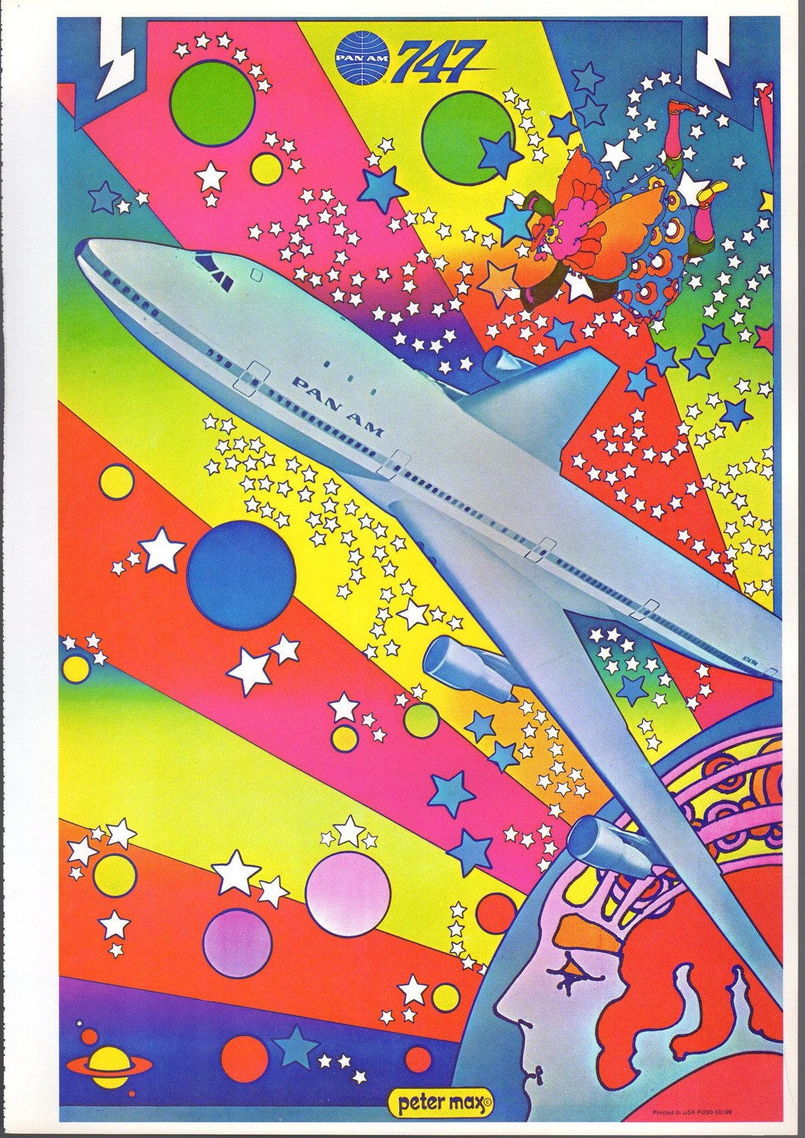 Pan Am 747 Airliner Psychedelic Vintage Peter Max Graphic Art Poster Print