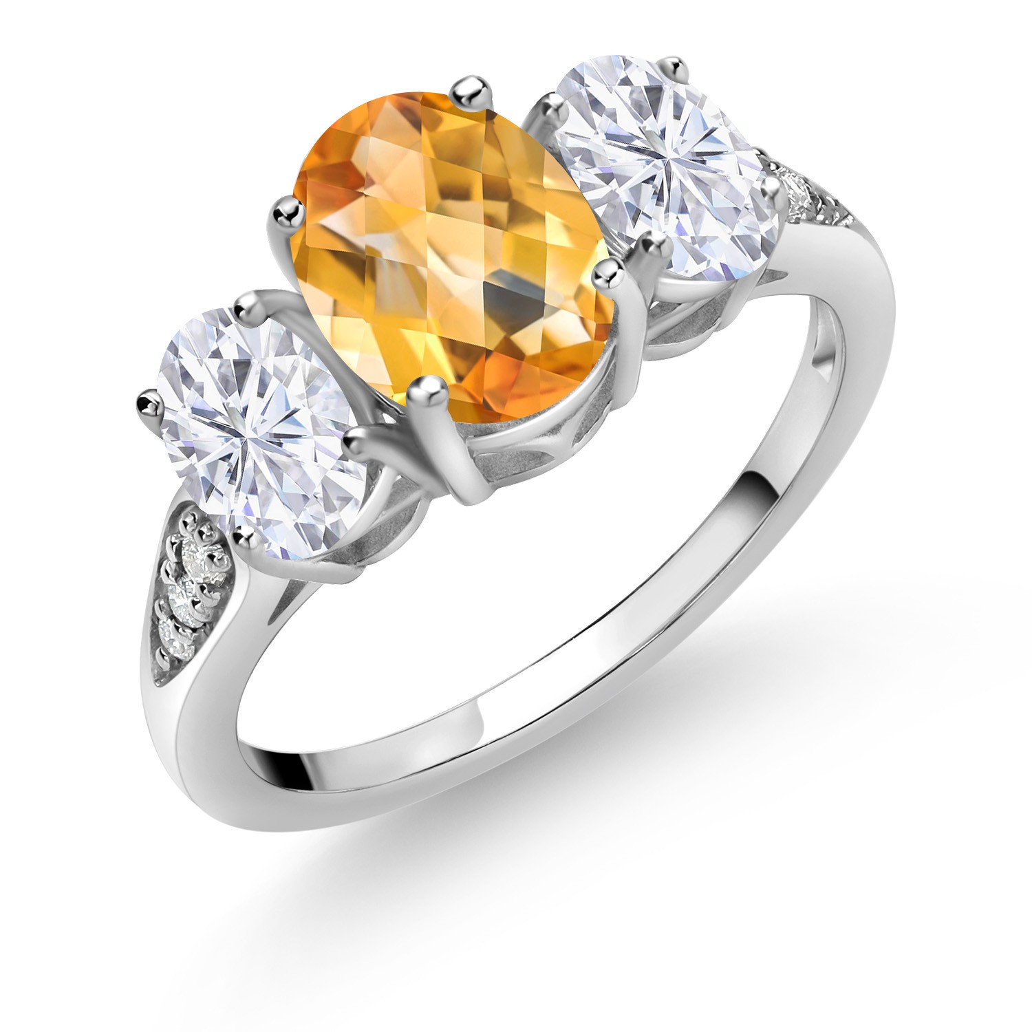 10K White Gold Citrine White Moissanite and White Lab Grown Diamond 3 Stone