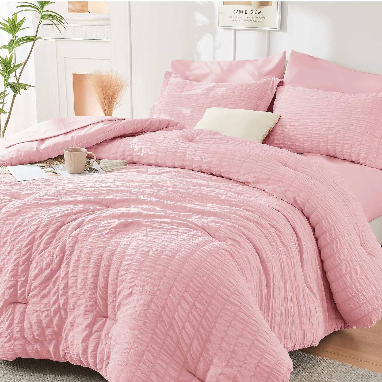 Pink Queen Comforter Set Seersucker 7 Pieces, All Season Luxury Bed in a Bag for