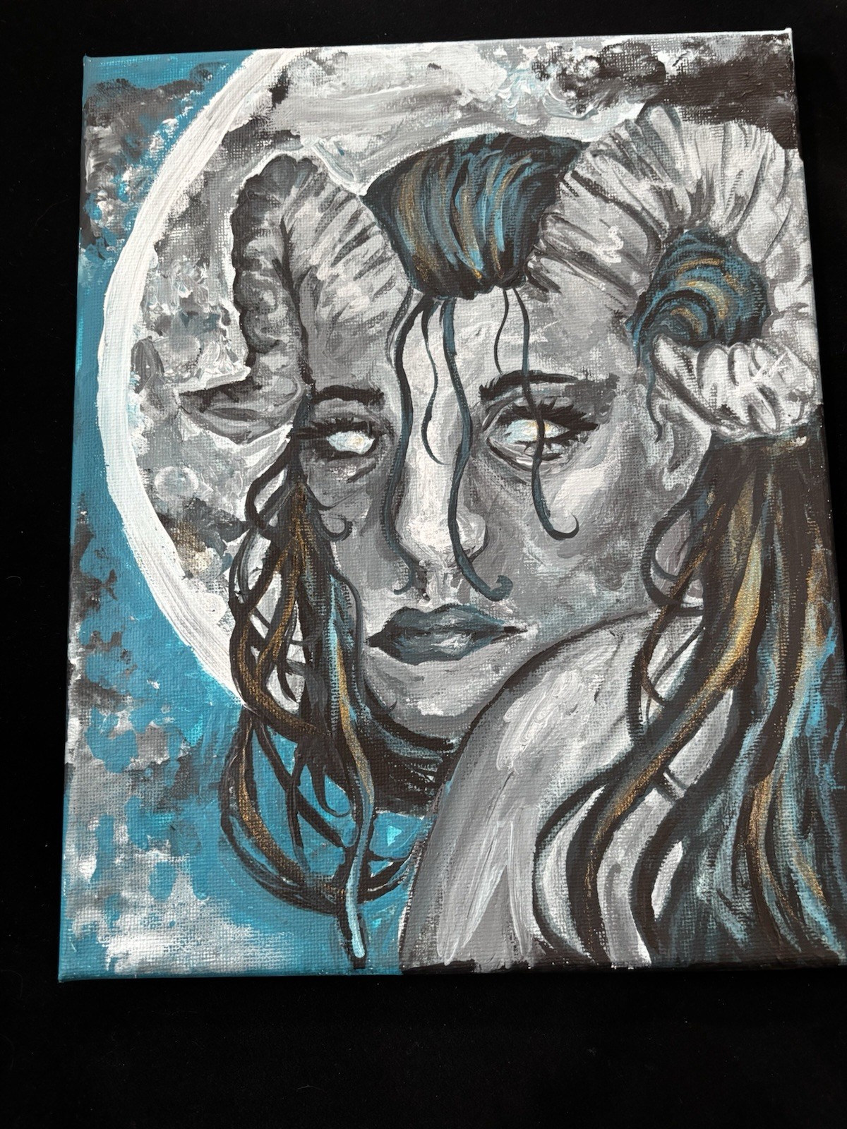 Original Painting Satyr Woman Fantasy Full Moon 8x10 Canvas Young Artist