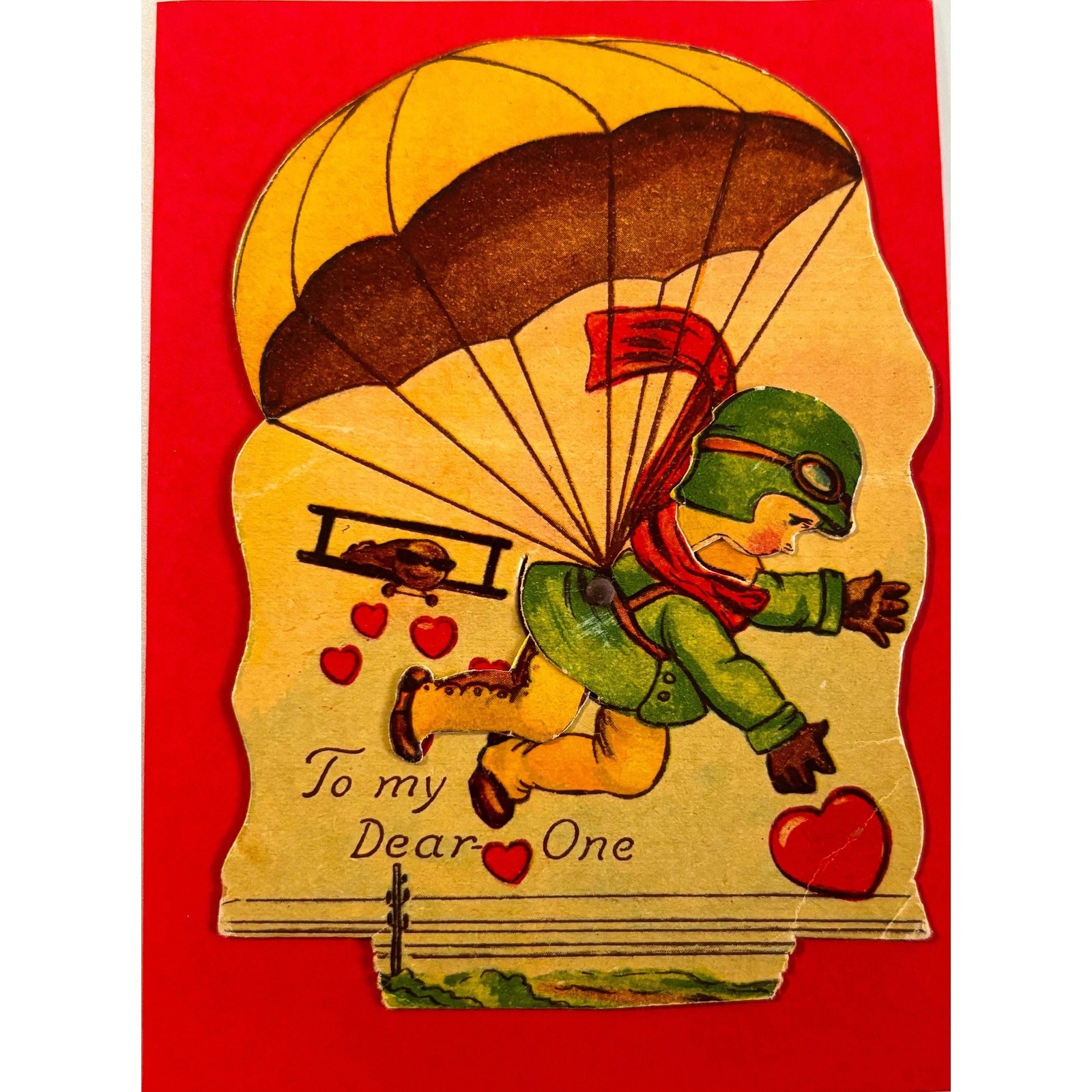 Vintage Mechanical Valentine Card – Parachute Pilot – 1930s Lithograph