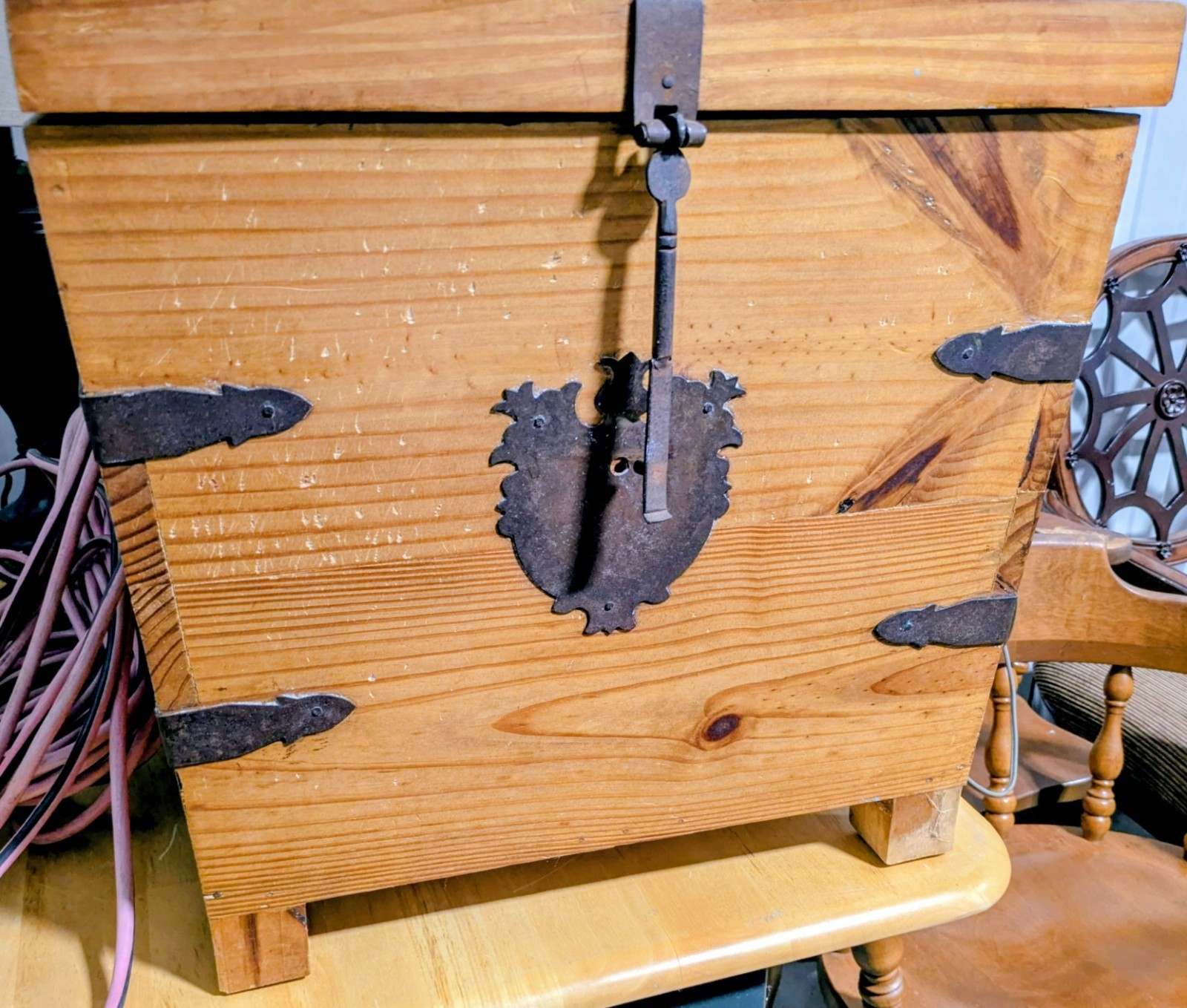 Vintage Rustic Wooden Pine Chest Box Ornate Iron Hardware Farmhouse primitive