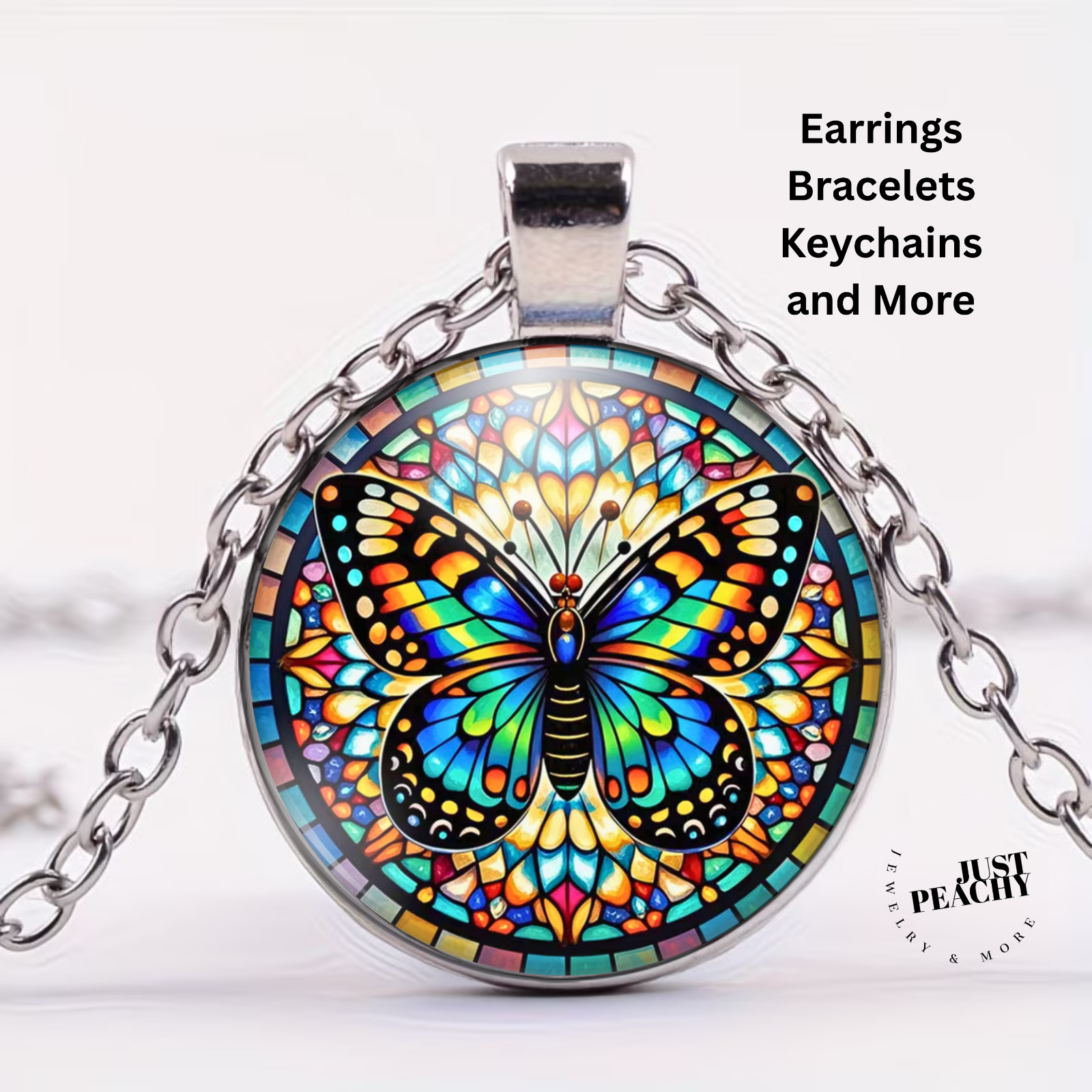 Vivid Multicolor Butterfly Stained Glass Art Silver Jewelry Necklace Set