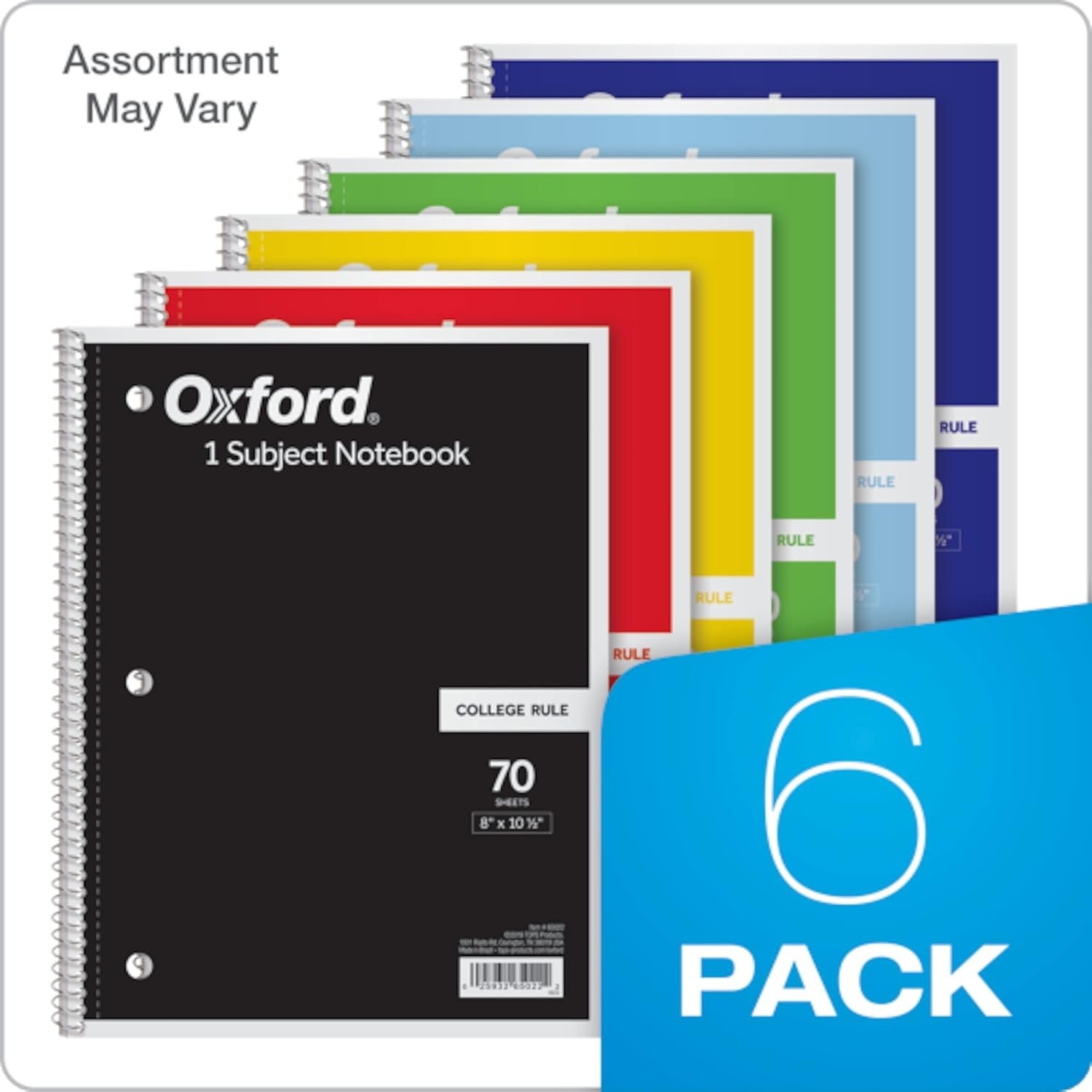 Oxford Spiral Notebook 6 Pack, 1 Subject, College Ruled Paper, 8 x 10-1/2 Inch