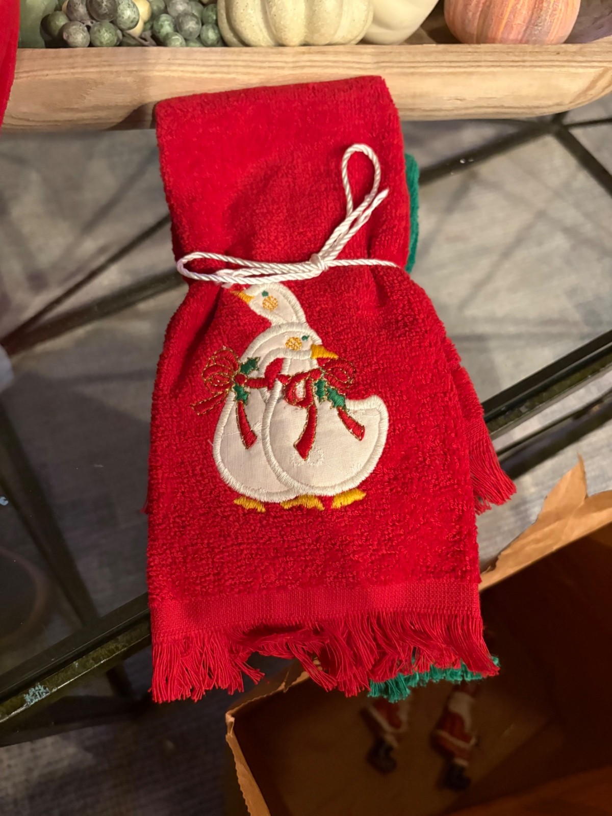 Vintage Royal Terry 2 Red Green Holiday Hand Dish Towels Christmas Tree Duck