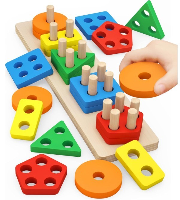 Montessori Toys for 1 to 3-Year-Old Boys Girls Toddlers, Wooden Sorting & Stacki