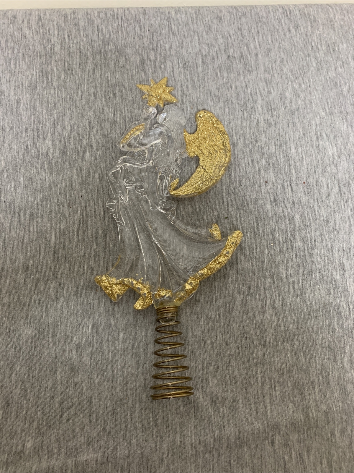 Vintage Clear Acrylic & Gold Glitter Angel w/Star Christmas Tree Topper