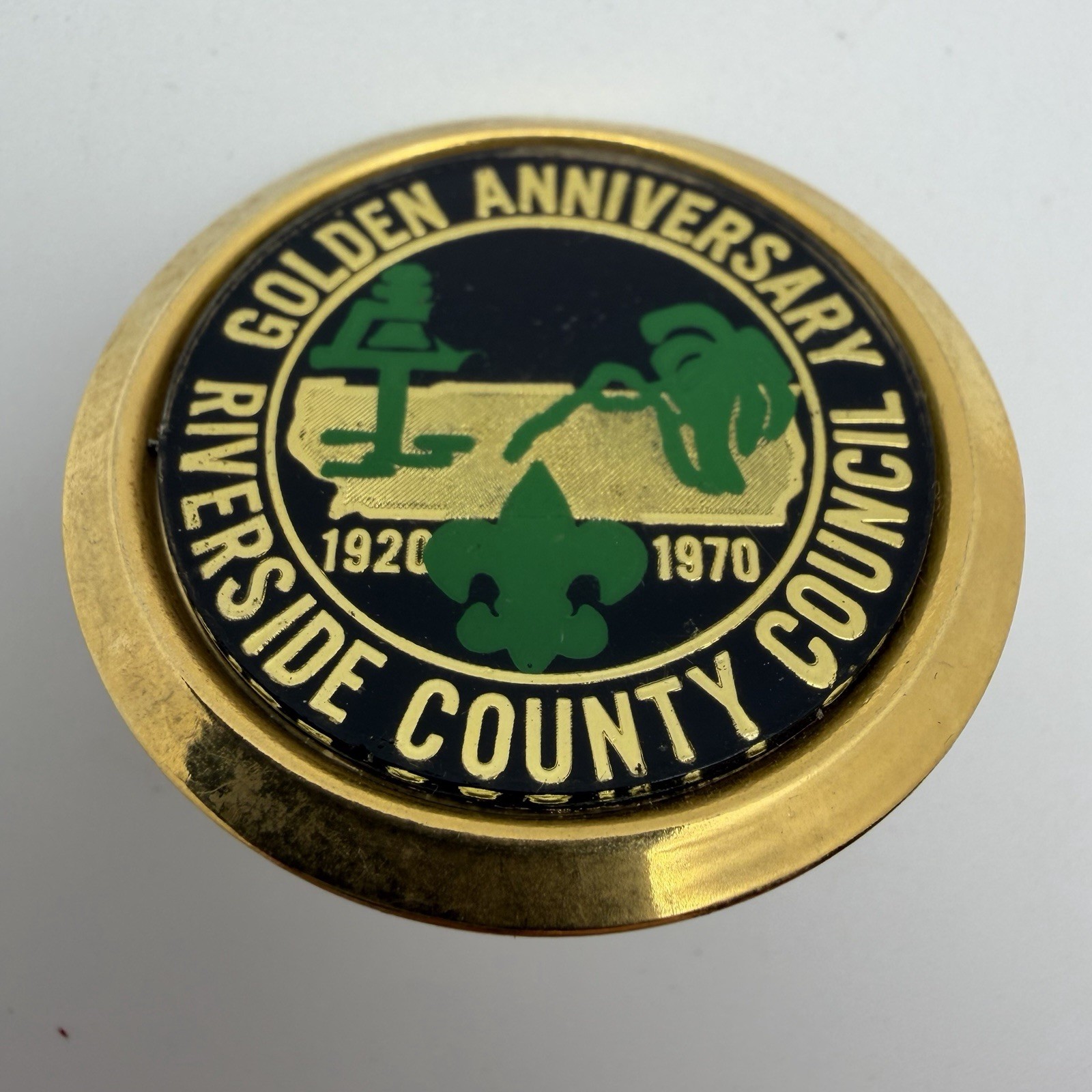 BSA 1970 Riverside County Council Golden Anniv. Metal Neckerchief Slide SS-780