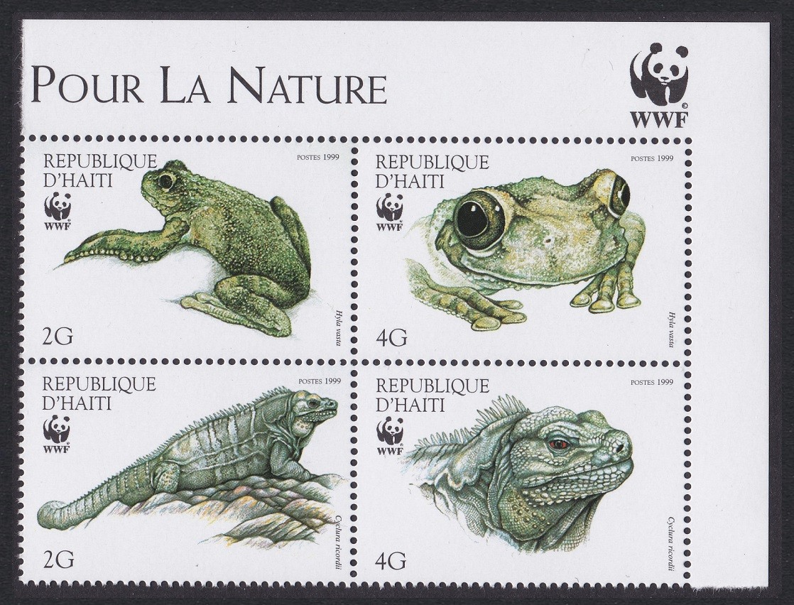 Haiti WWF Iguana Tree-frog Corner Block of 4v WWF Logo 1999 MNH