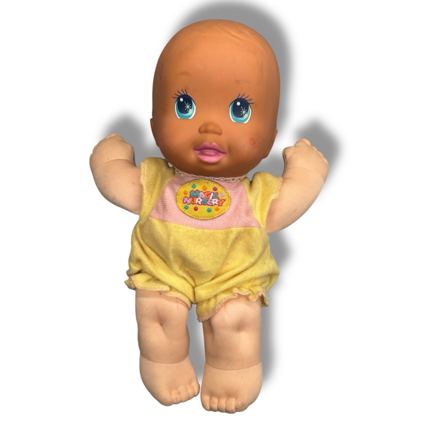 Magic Nursery baby doll yellow outfit Aqua Blue eyes plush body 1991 Mattel
