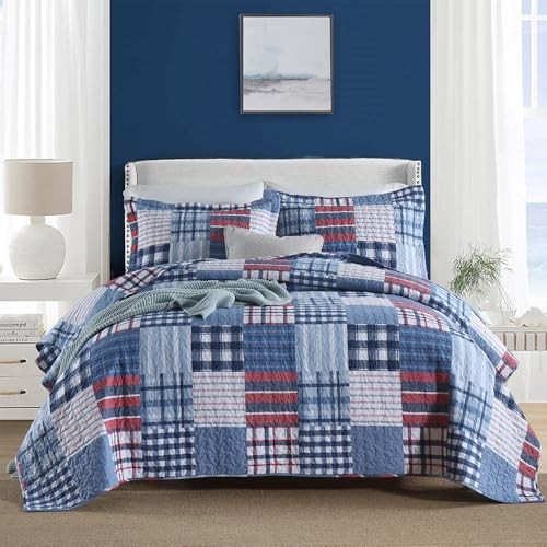 Cotton Bedding Quilt Sets Reversible Real Queen Size Blue Patchwork Pattern