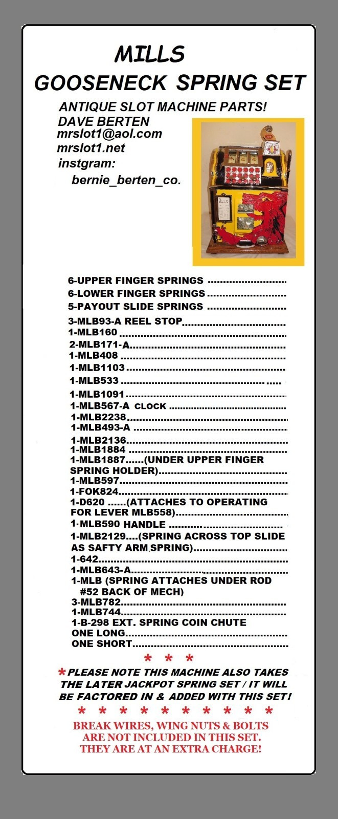 MILLS GOOSENECK LION FRONT WOLF HEAD REPLACMENT SPRING SET ANTIQUE SLOT MACHINE