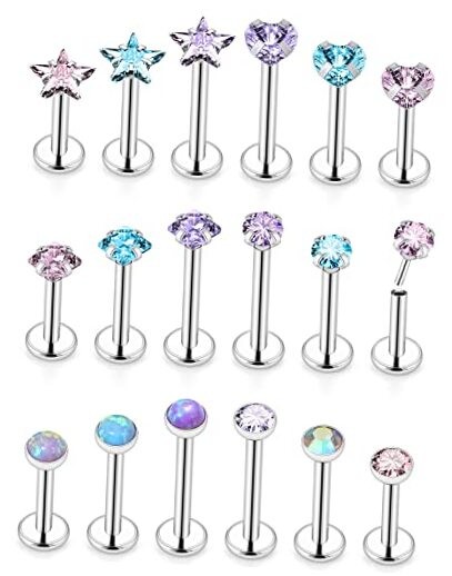  20G 18G 16G Threadless Push in Lip Labret Nose 16G Silver Tone-CZ Diameter 3mm