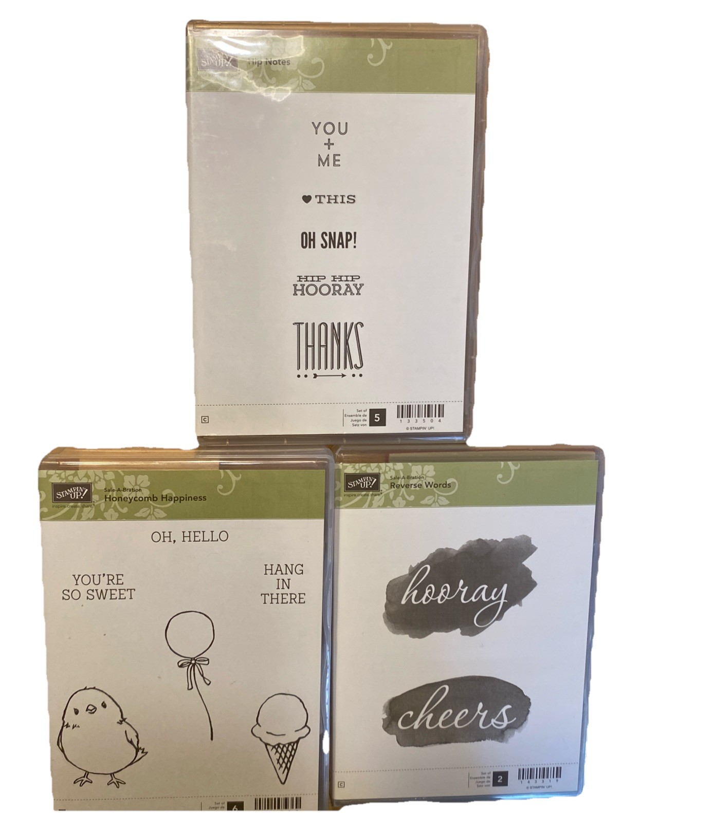 Stampin' Up! Hip Notes Set/5 Reverse Words -2 Honeycomb Happiness Set/6 Total 13