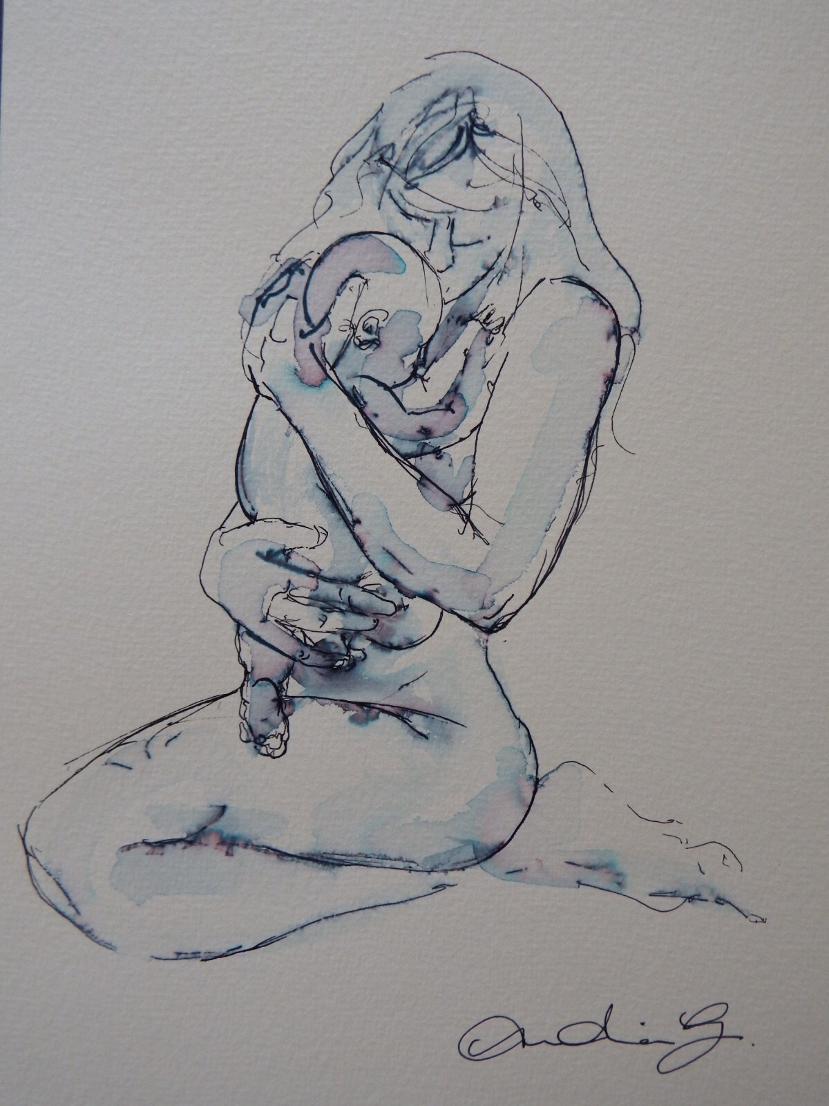 Ink Drawing Mother Baby on Ivory Watercolour Paper