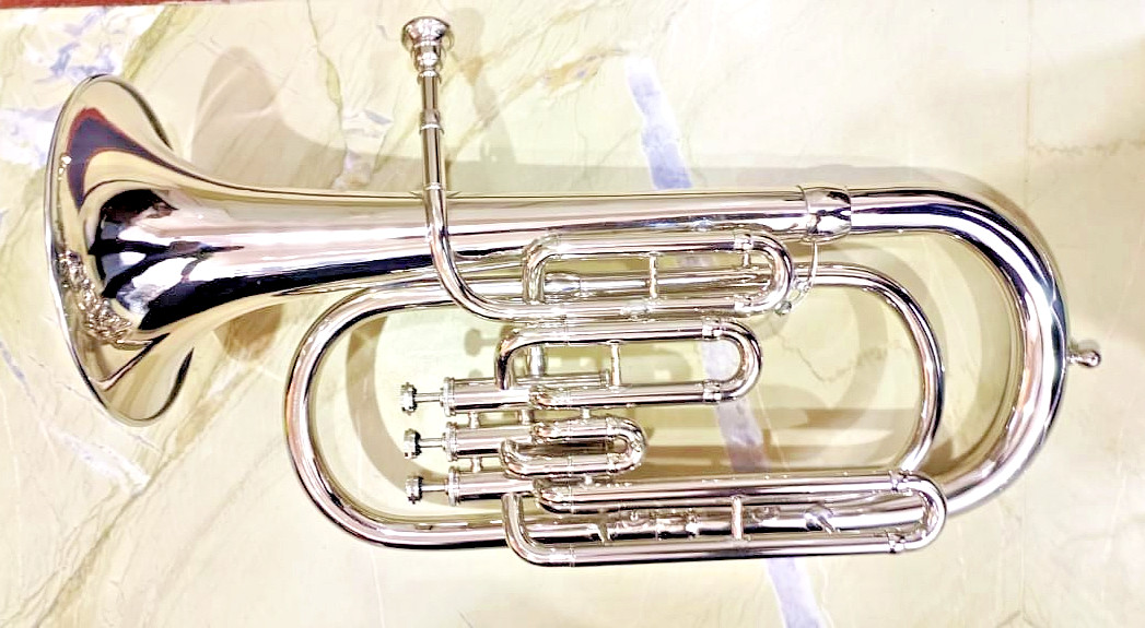 BARITONE HORN OF PURE BRASS METAL IN SILVER CHROME POLISH+CUSHION BOX+ FREE SHIP